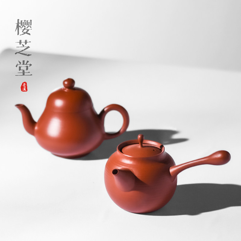 潮州《思亭壶》手作朱泥壶红泥冲茶壶手拉工夫茶壶X红泥小侧把壶