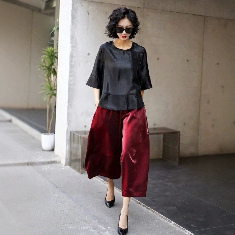 休闲慵懒风套装夏女轻奢高级感设计上衣遮肉大码宽松阔腿裤两件套