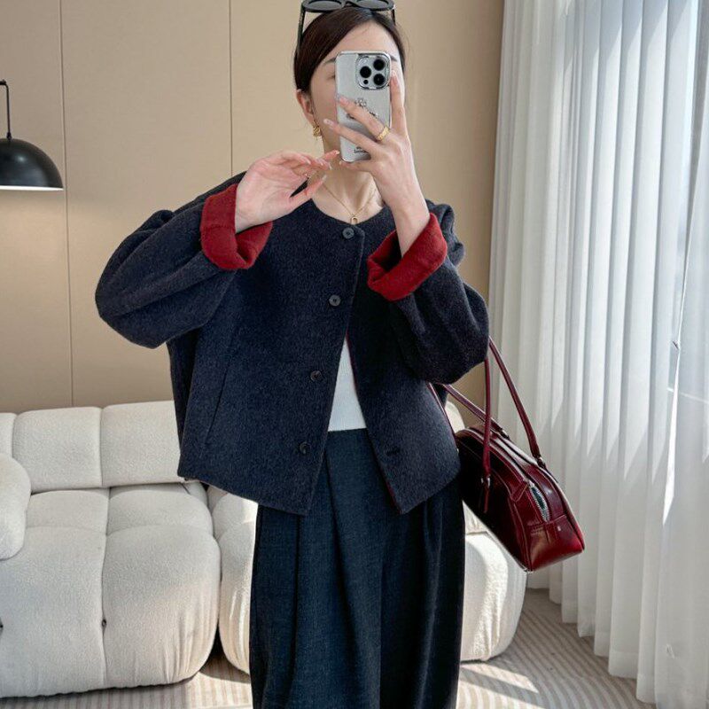 气质双面羊绒大衣女短款2025新款韩系撞色圆领宽松显瘦羊毛呢外套