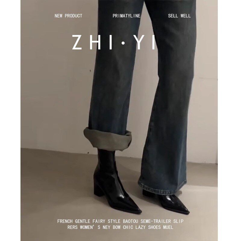 羊皮版~黑色高跟短靴女法式小裸靴高级感粗跟通勤气质尖头马丁靴