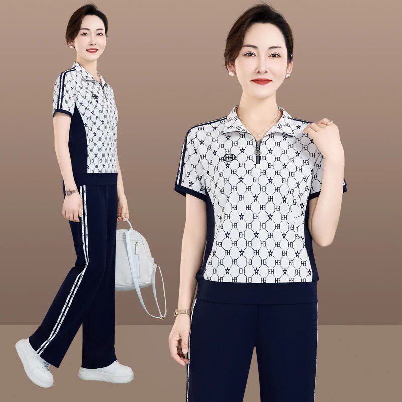 母亲节小个子妈妈夏装短袖t恤洋气高贵中老年运动套装女夏两件套