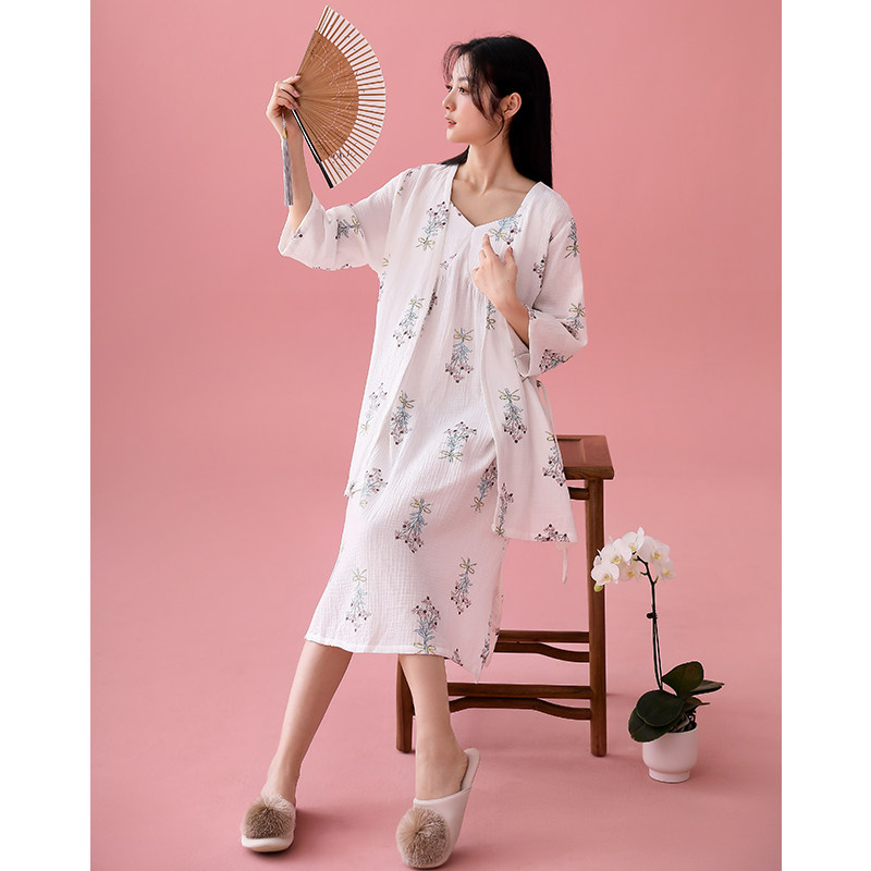 睡衣女春夏季纯棉纱布新中式高级感家居服吊带睡裙带胸垫两件套装