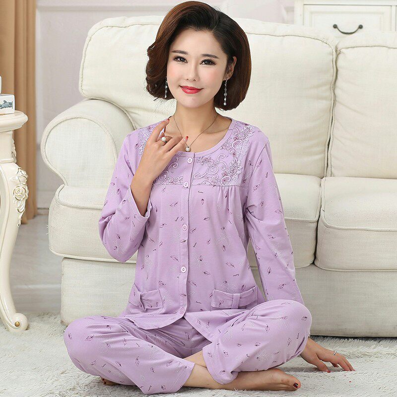 秋季女士长袖中老年薄款妈妈春秋套装大码中年宽松家居服纯棉睡衣