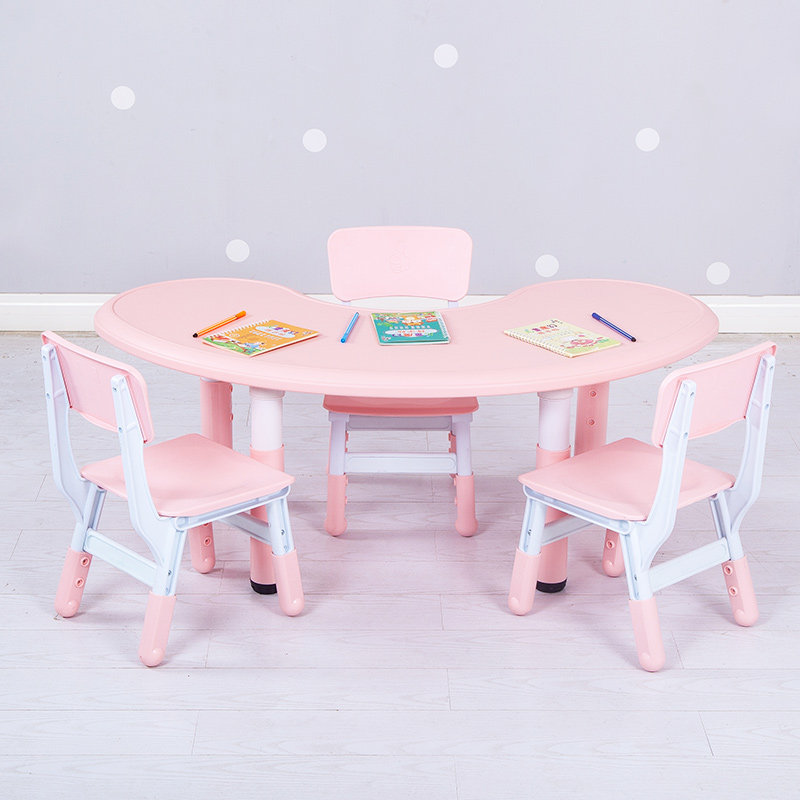 儿童桌椅套d装塑料升降月亮桌小孩学习月牙弧形桌幼儿园半圆桌加