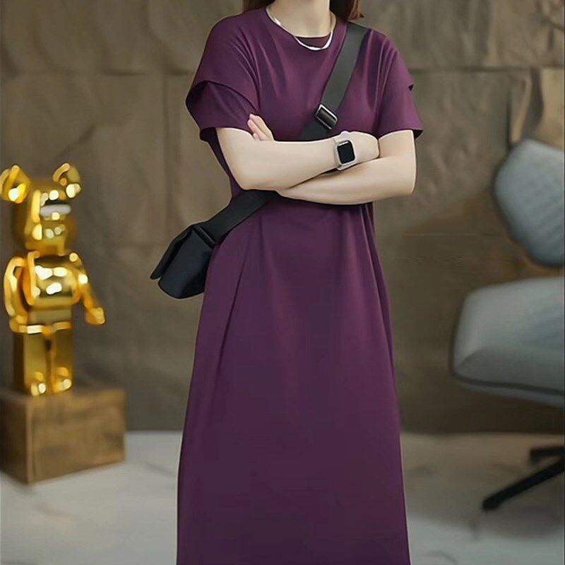 高级感紫色宽松洋气长款T恤裙子夏季女时尚减龄设计感小众连衣裙