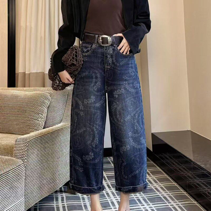 2025秋季直筒牛仔裤女蓝色印花八分小个子高腰阔腿休闲窄版法棍裤