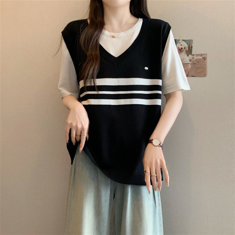 学院风撞色条纹假两件冰丝针织衫短袖T恤女大码胖MM别致绝美上衣