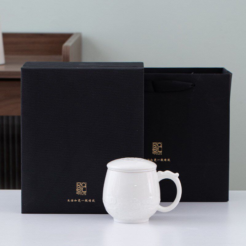 羊脂玉白瓷祥云办公杯个人泡茶杯茶水分离陶V瓷茶杯送客户