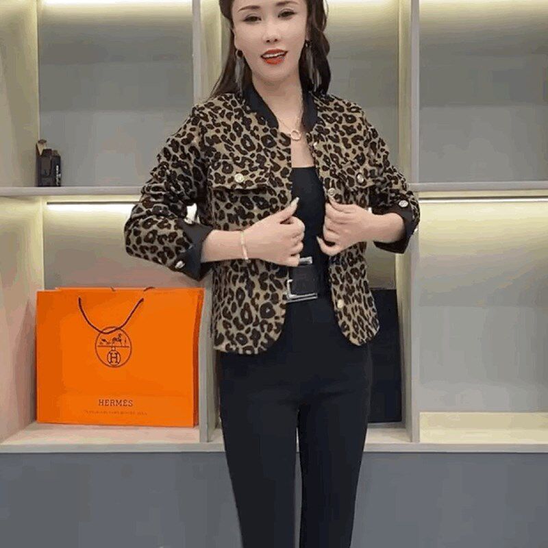 百搭长袖经典豹纹开衫外套法式上衣女圆领修身显瘦机车服短款外套