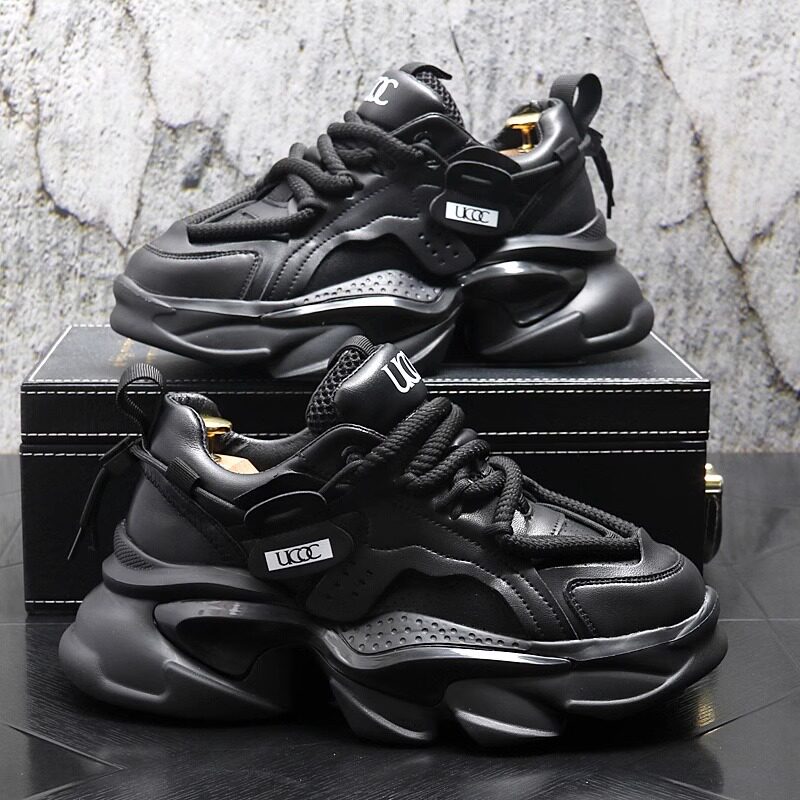 潮牌黑色老爹鞋男高级感厚底运动休闲鞋韩版真皮内增高新款男鞋子