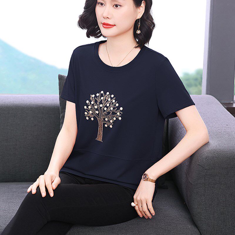 纯棉短袖t恤女宽松2025夏装新款休闲体恤小衫中老年妈妈减龄上衣