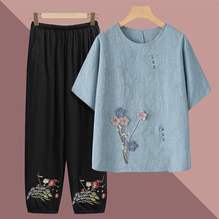 中老年人夏装套装女新款妈妈棉麻民族风奶奶装短袖t恤纯棉两件套