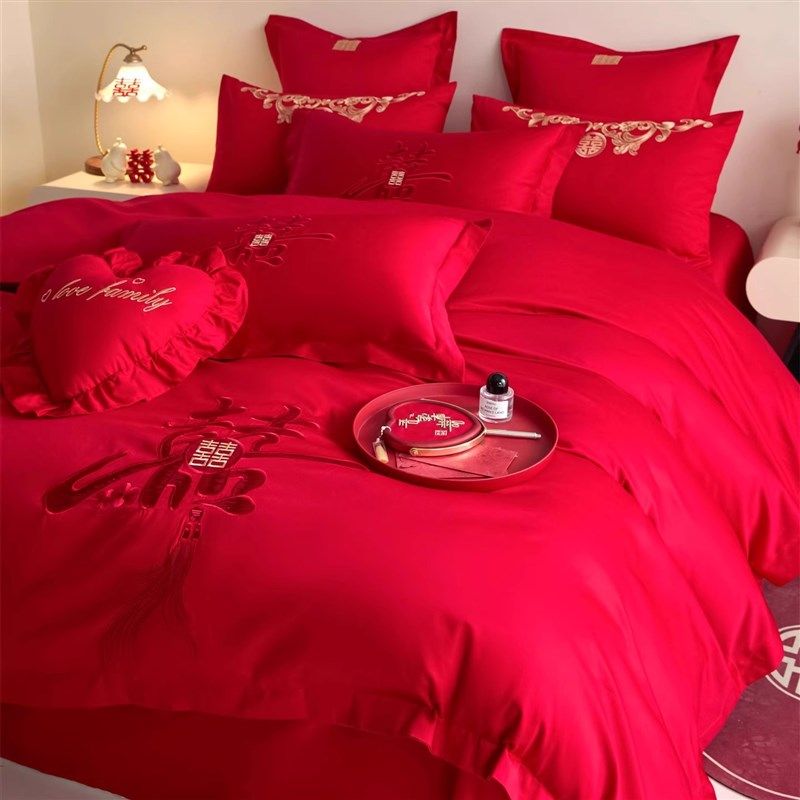 中式简约结婚g四件套大红色婚礼陪嫁被套婚庆床上用品婚房备婚