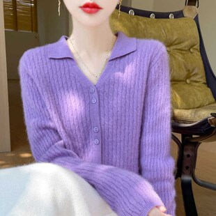 2024秋冬新款 女翻领麻花毛衣外套宽松针织羊毛上衣 100%纯羊绒开衫