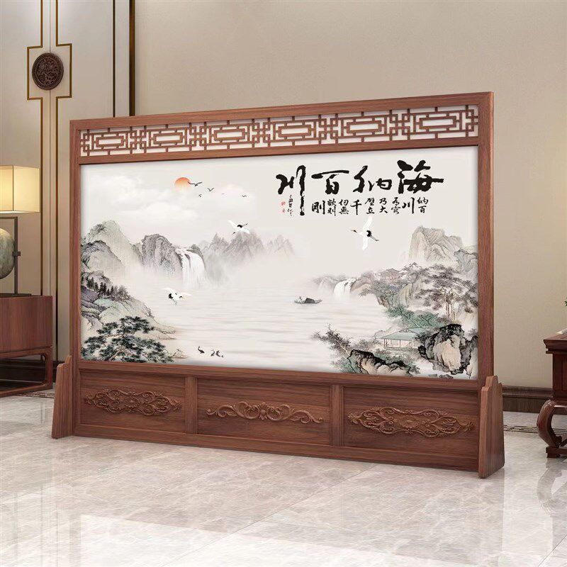 实木新中式屏风隔断单位公司办公室D客厅入户大厅艺术风景座屏定