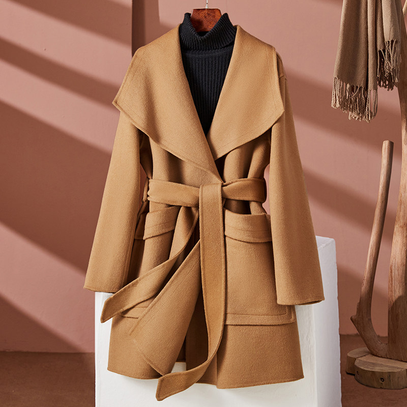 秋冬天新款双面羊绒大衣女中长款宽松系带韩版浴袍款纯羊毛呢外套
