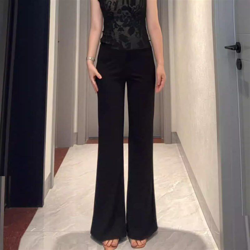 黑色不贴腿微喇西装裤女夏薄款2025新款气质高腰垂感喇叭拖地长裤