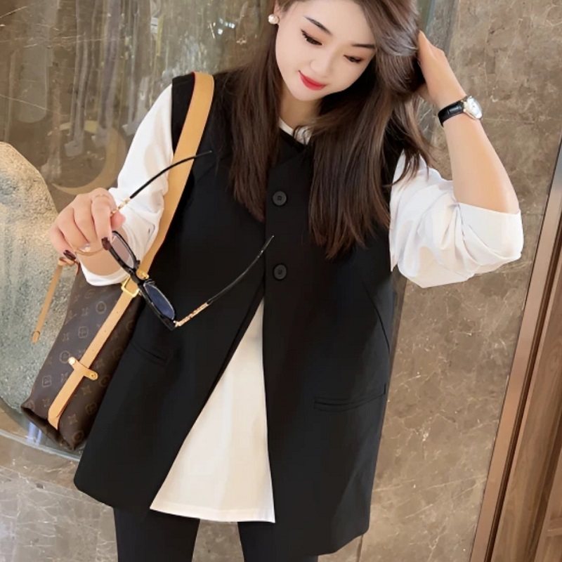 设计感黑色无袖西装马甲女春秋时尚气质休闲宽松百搭马夹外套坎肩