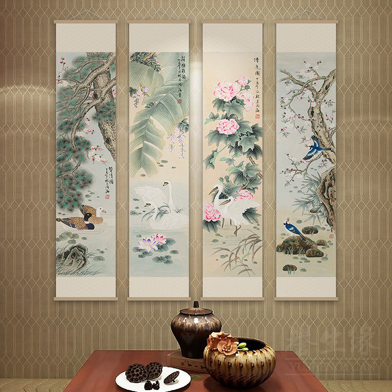 新中式花鸟挂轴画竖版客厅v装饰画饭厅书房背景墙挂画走廊过道壁