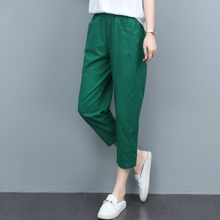 女夏季 妈妈百搭显瘦小脚裤 薄款 哈伦裤 子 高腰宽松七分裤 纯棉休闲裤
