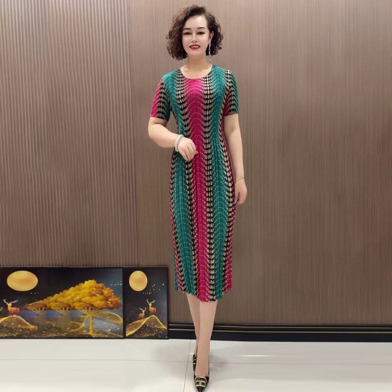褶皱连衣裙中年妈妈装夏装冰丝双绉弹力大码女装气质减龄薄款裙子