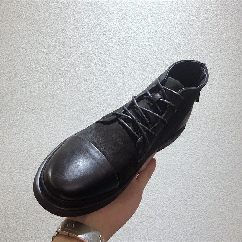 春秋新款复古厚底马丁靴男 做旧拉链休闲工装靴真皮增高高帮皮鞋