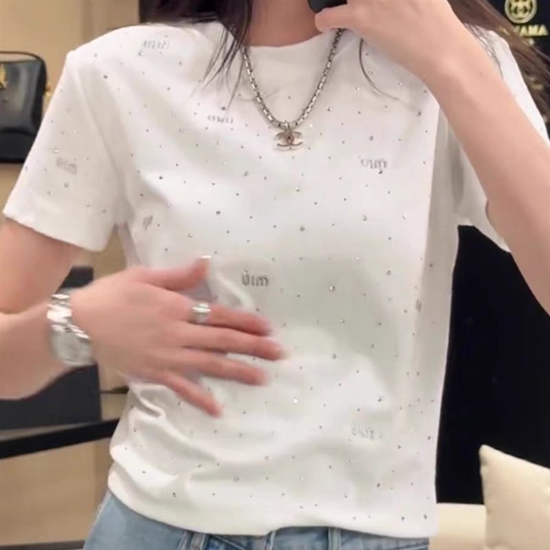 2025新款纯色烫钻短袖t恤女士夏季绝美上衣重工新中式国风设计感