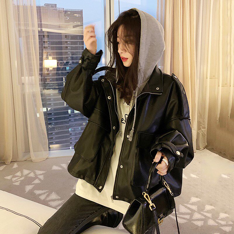 假两件皮衣外套女2024秋冬新款拼接小个子宽松短款机车服pu皮夹克