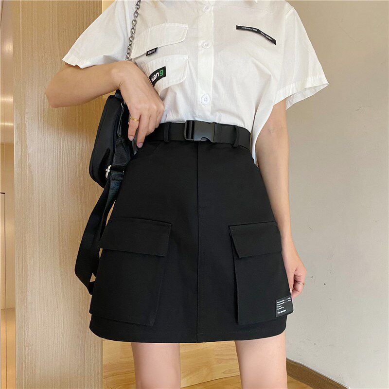 2025夏季新款黑色工装短裙女百搭设计感大码半身裙胖mm显瘦a字裙