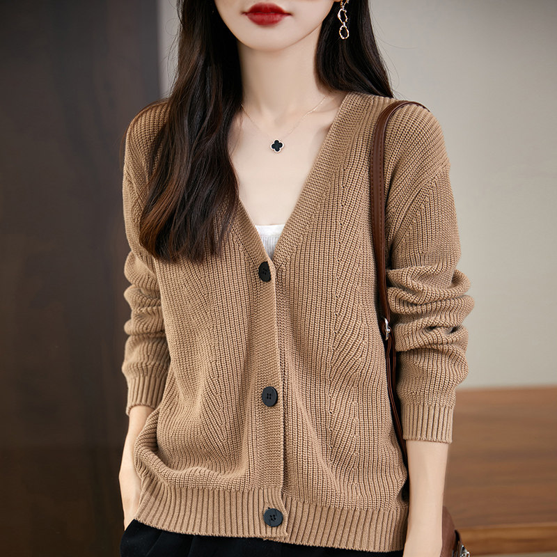 优雅知性100%纯棉V领开衫女秋冬新款时尚大码宽松休闲毛衣女外套
