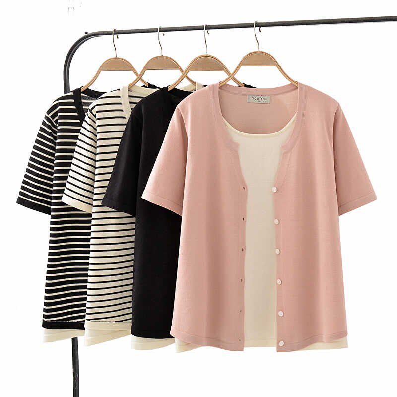 大码女装宽松设计感拼色假两件针织开衫圆领套头叠穿毛衣短袖上衣