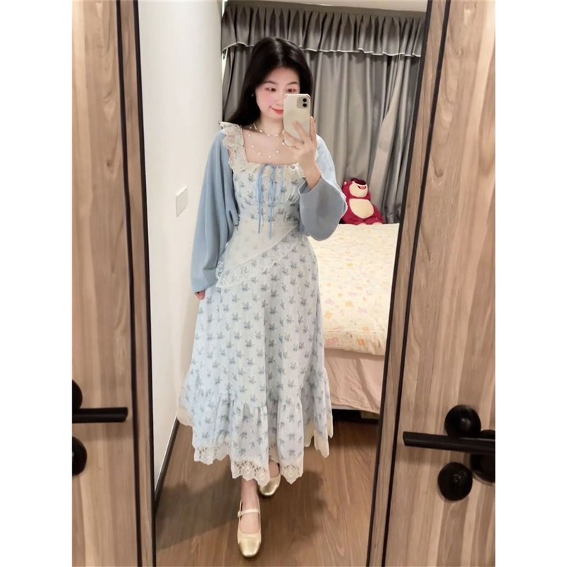 夏季法式绝美温柔风蕾丝拼接背带碎花连衣裙+针织开衫披肩两件套