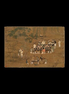 文会图新中式餐厅k横幅装饰画茶室背景墙明清古典挂画玄关竖版带