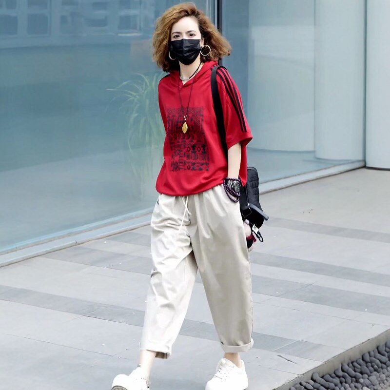 休闲时尚两件套装女2025年夏季新款印花连帽短袖+水洗棉哈伦裤潮