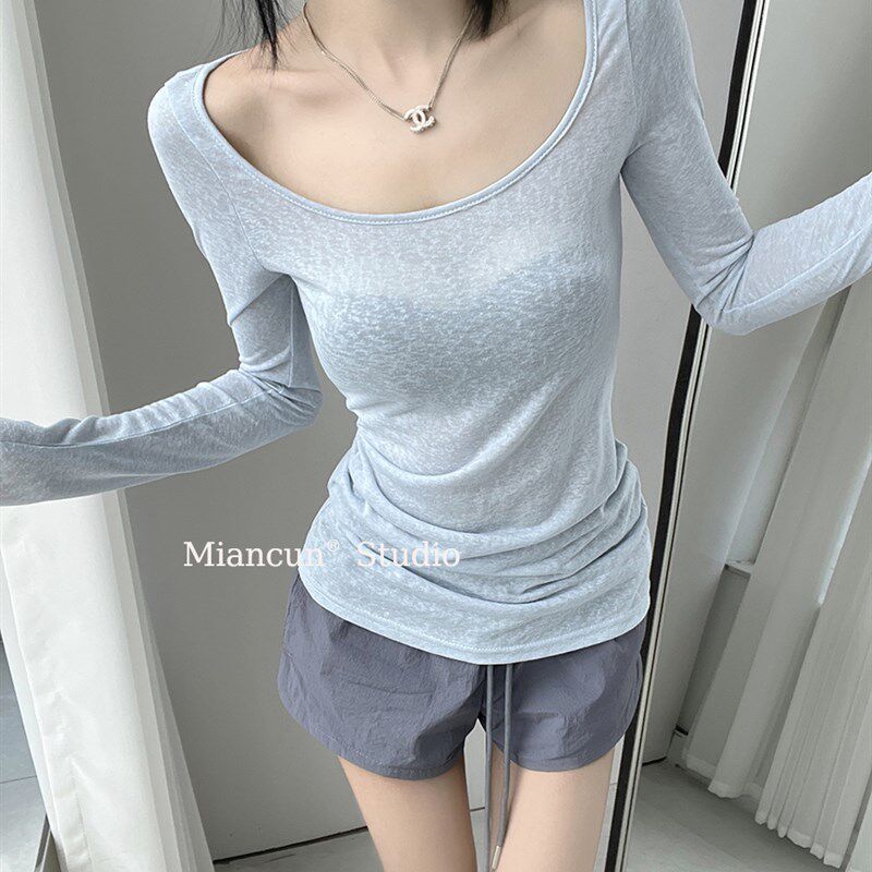 美式蓝色薄款修身长袖T恤女初秋辣妹紧身显瘦打底衫休闲防晒上衣
