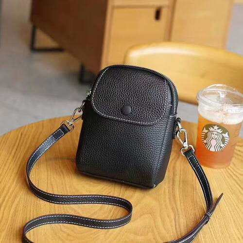 双拉链竖款真皮斜挎小包包手机包女百搭2025新款软牛皮休闲单肩包
