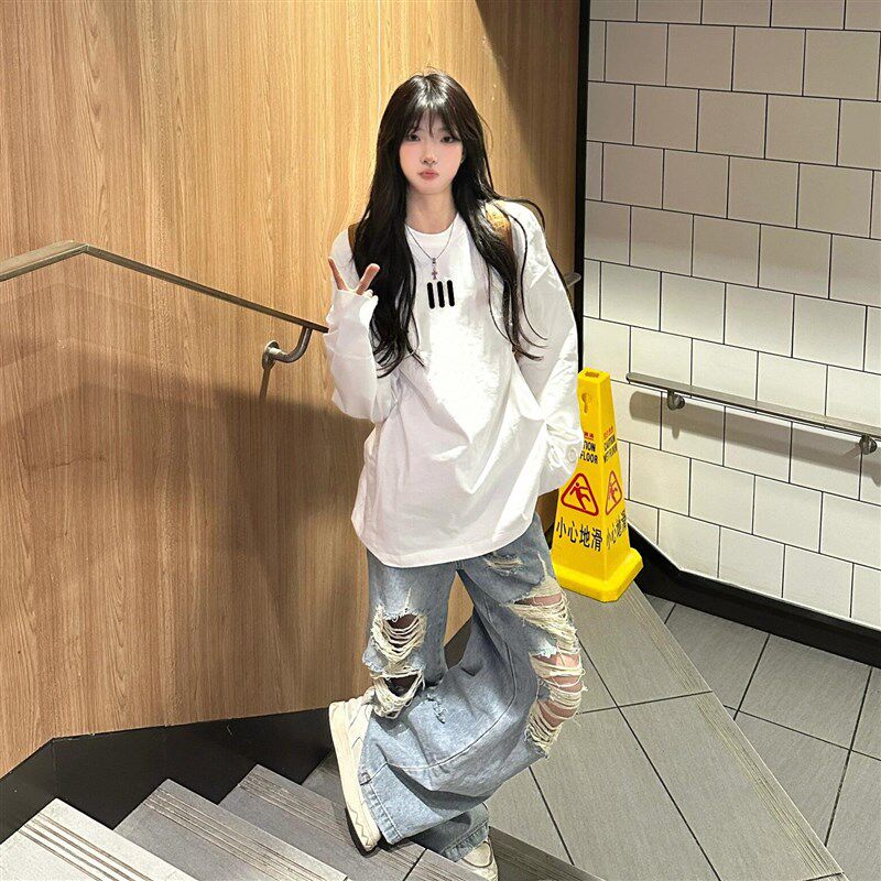 美式白色纯棉长袖t恤女春秋2025新款宽松慵懒风内搭打底衫上衣服