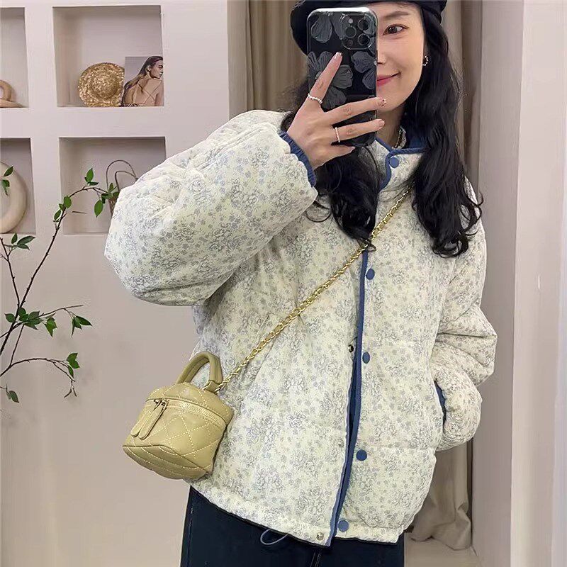 韩系立领碎花撞色棉衣女2025冬季新款小个子洋气加厚百搭保暖棉服