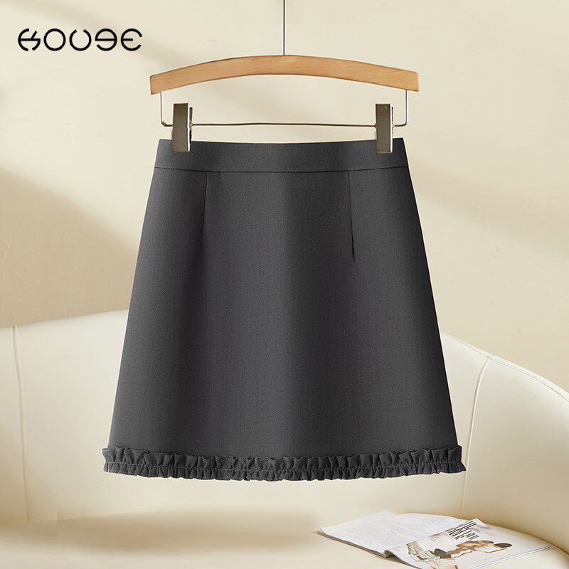 灰色木耳边西装半身裙女2025夏季新款高腰a字气质包臀小个子短裙