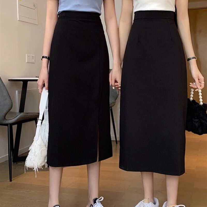 黑色半身裙女夏季2024梨型身材大码遮肉显瘦西装垂感遮肚a字裙子