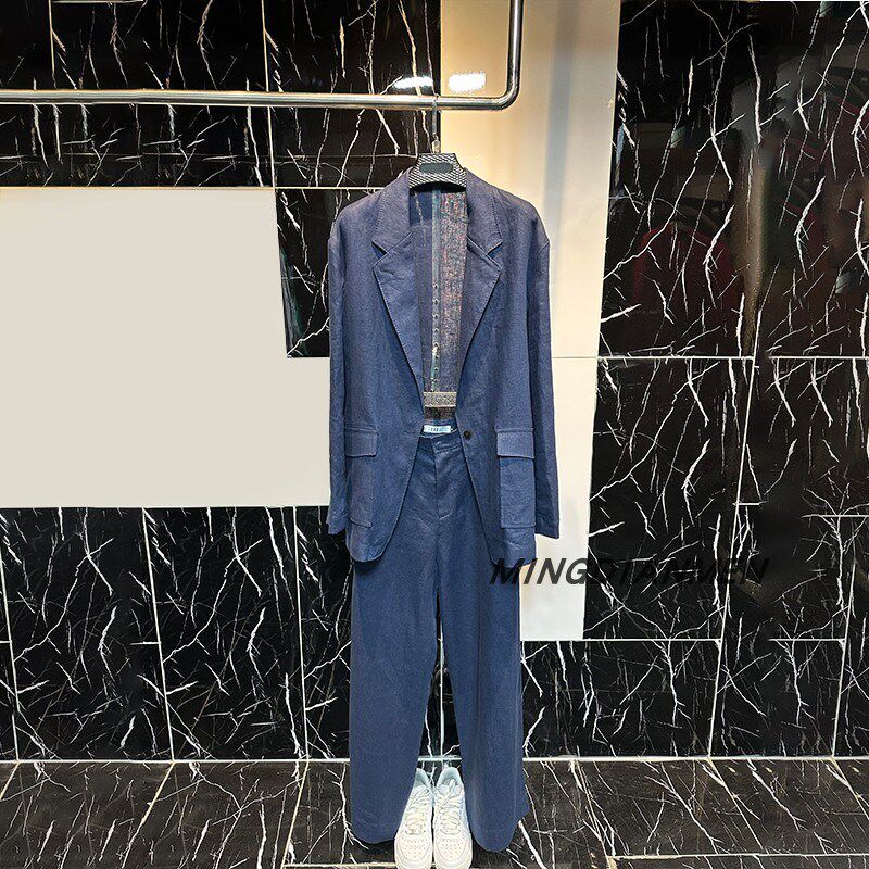 2025夏季流行新款修身显瘦藏蓝外套气质长裤西服套装女装靓妹穿搭