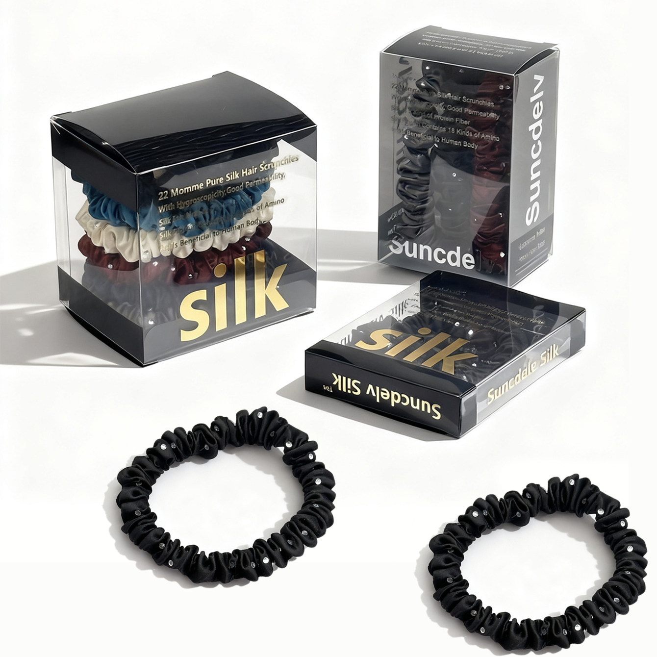 SUNCDELV新款重磅姆米水钻真丝女发圈  简约小肠丝绸皮筋发带发饰