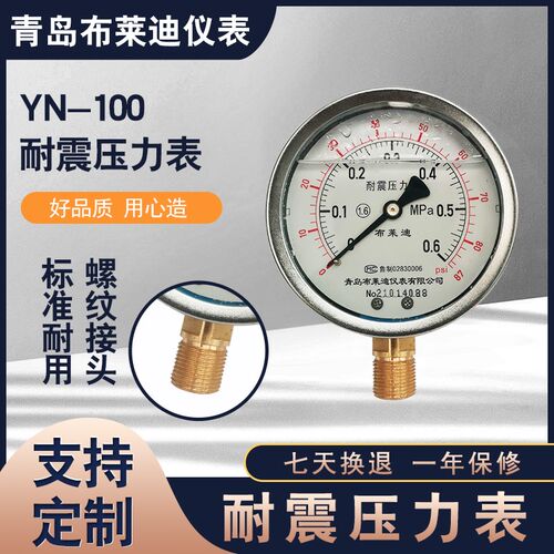 青岛布莱迪YN100耐震压力表0.1-60Mpa径向直接式气压水压油压负压