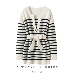 长袖 V领纯羊绒黑白条纹针织衫 系带羊绒毛衣女 优雅时髦 小众惊艳
