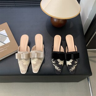 中跟女鞋 中式 包头后空半拖鞋 2024新品 刺绣绣花复古细跟小方头凉鞋