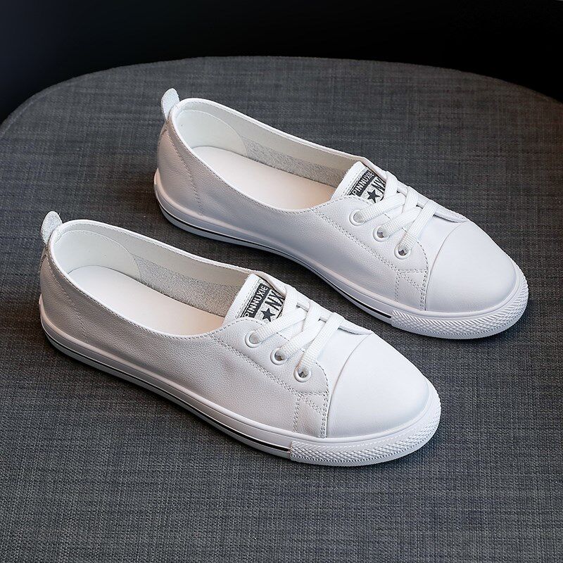 头层牛皮浅口小白鞋女真皮夏季薄款舒适平底一脚蹬懒人休闲运动鞋