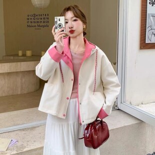 设计感小众撞色拼接工装 连帽冲锋衣夹克上衣 短外套女2025春秋新款
