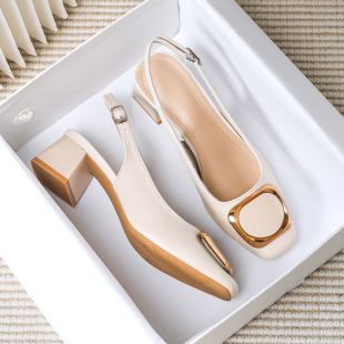 法式粗跟真皮百搭包头凉鞋女2023年新款网红爆款夏季大码鞋41-43