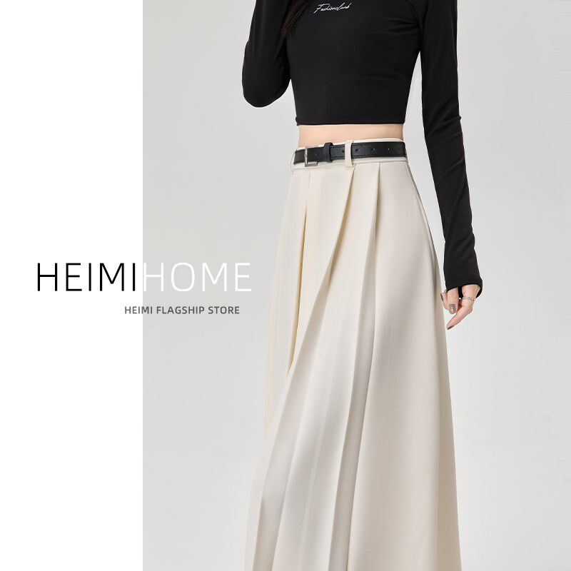 米白色百褶半身裙女2025春夏季高腰大摆伞裙中长款a字西装长裙潮