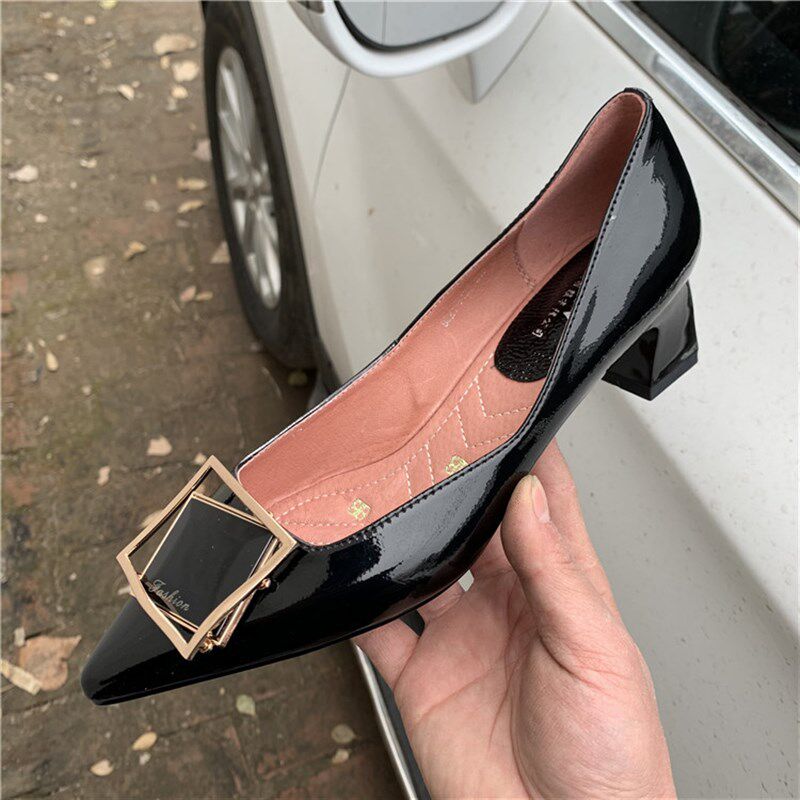 【方木出品】漆皮粗跟高跟鞋女春秋方扣中跟尖头女鞋百搭工作单鞋